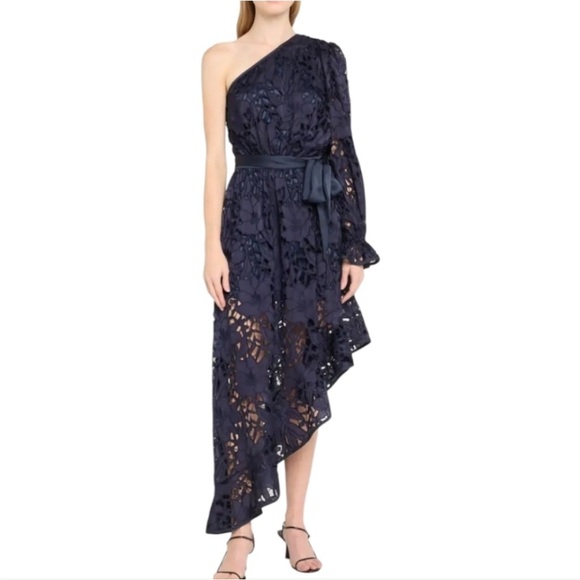 NEW Ramy Brook Jayda Asymmetric One Shoulder Dress Sz 6 Navy Embroidered Lace - Picture 2 of 15